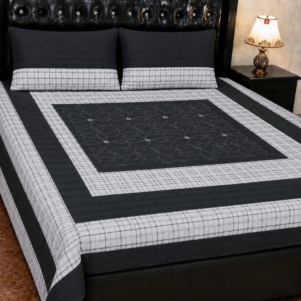 Midnight Plaid Floral Quilt Bedspread Set