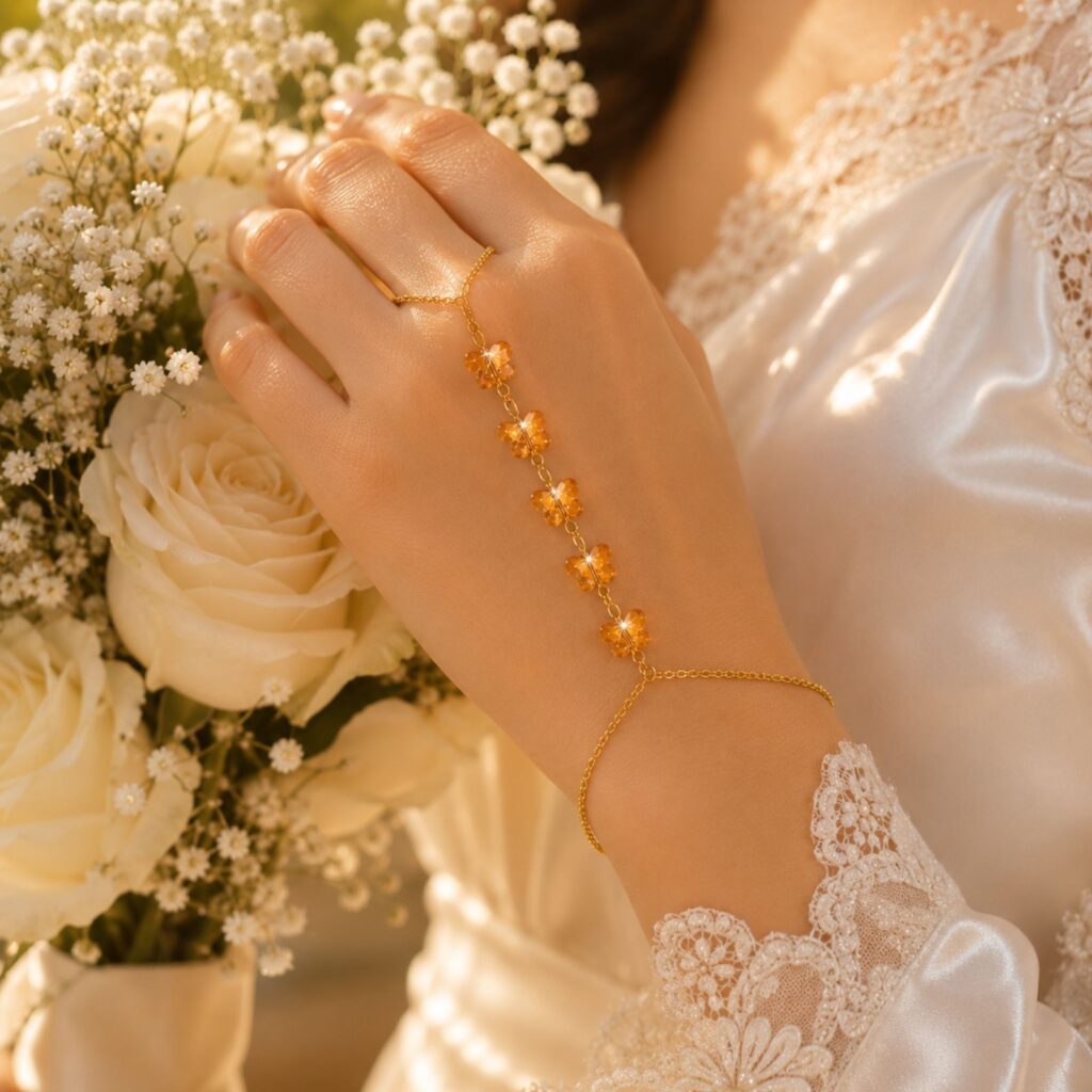 Gold Adjustable Crystal Butterfly Hand Bracelet
