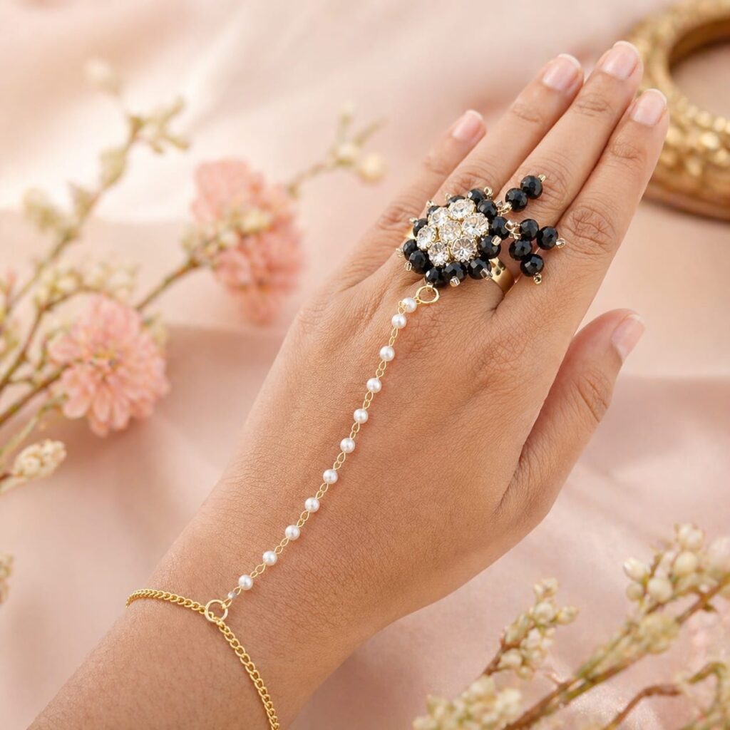 Black Crystal & Pearl Haath Phool for Women