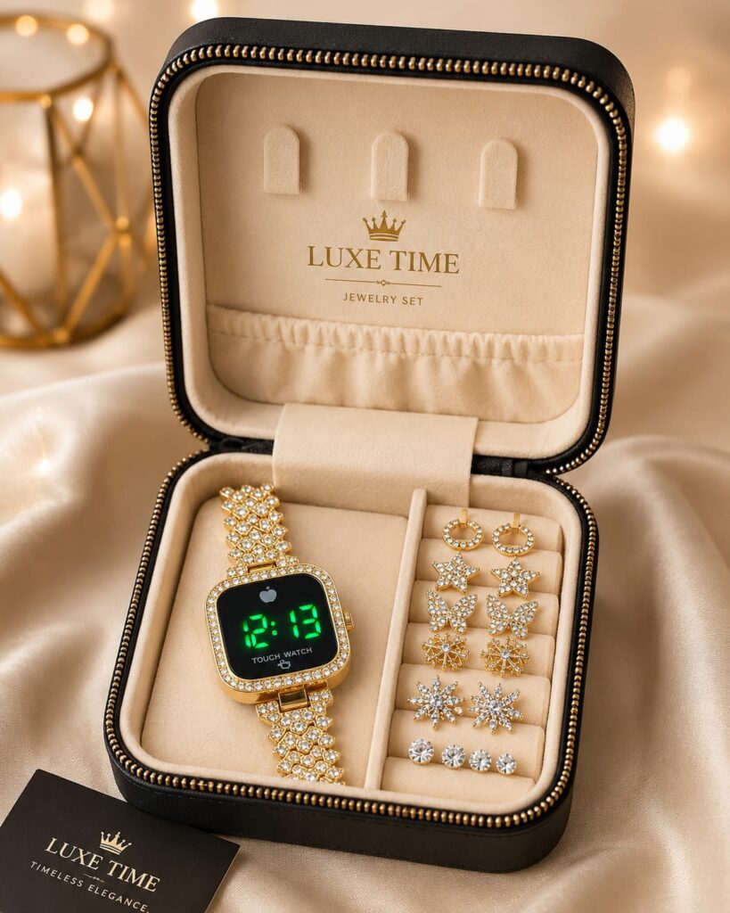 Luxury Digital Touch Watch & Earrings Gift Set – 7 Piece Premium Collection