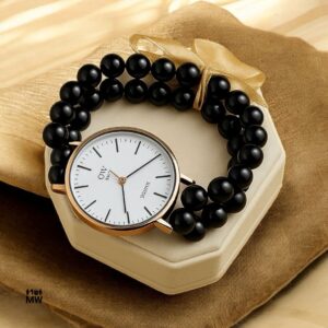 Double Layer Onyx Beaded Bracelet Watch