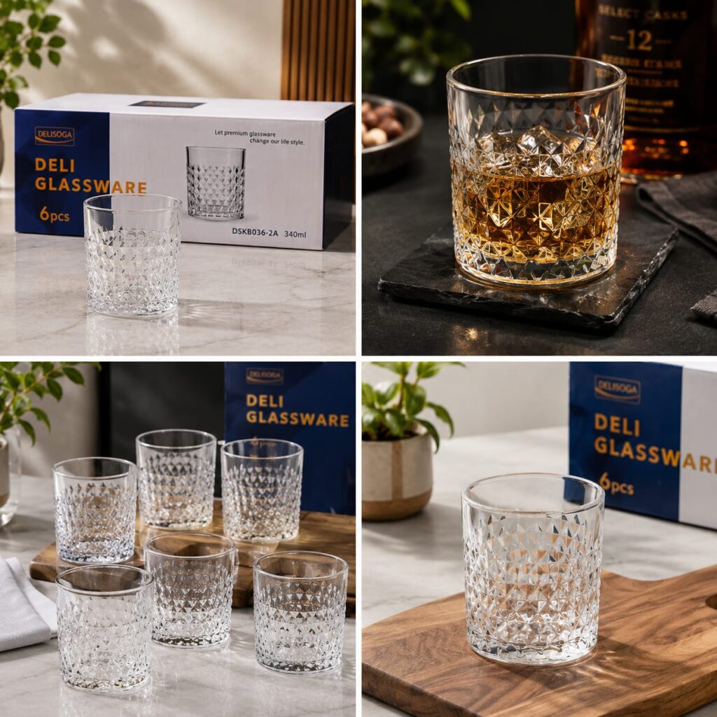 Deli Diamond Cut Crystal Tumbler Glass Set (Set of 6)