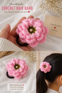 Handmade Crochet Flower Hair Band – Soft Floral Elastic Hair Tie (Pink)